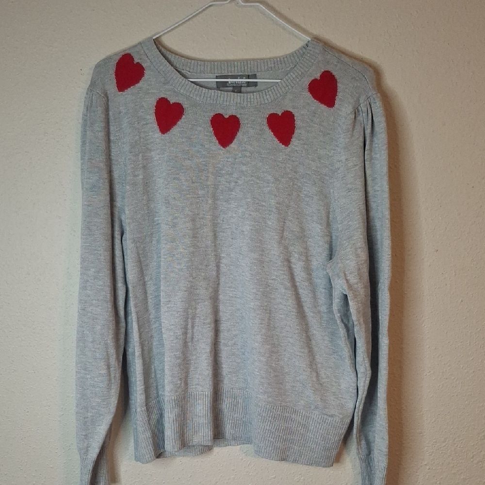 Marled Gray Sweater with Red Heart Accents
